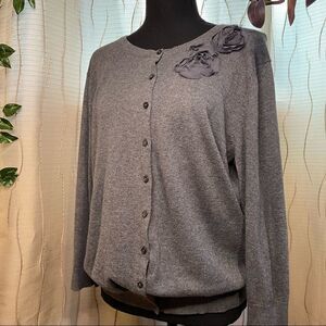 Old Navy Gray Button Cardigan with Gray Floral Applique on Shoulder